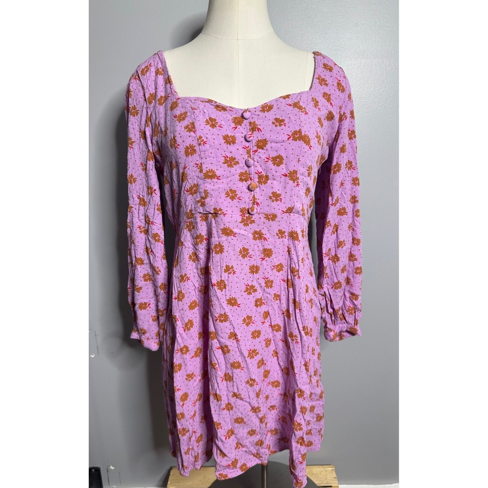 Billabong Purple Floral Polka Dot Long Sleeve Smocked Back Mini Dress Sweetheart